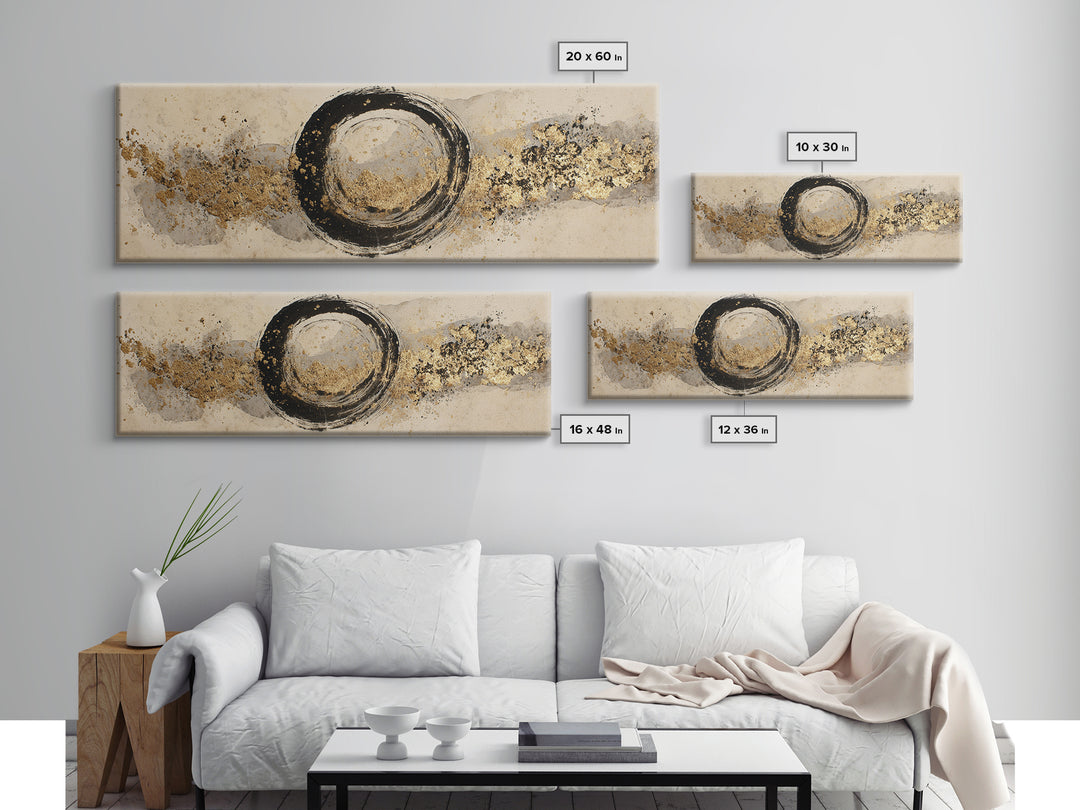 Japanese Brush Mark Circle Framed Canvas Print, Calligraphy Art, Neutral Decor, Living Room Decor, Fine Art, Script, Wall Art, CAL-3x1-44