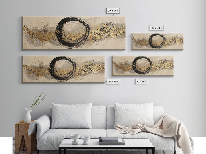 Japanese Brush Mark Circle Framed Canvas Print, Calligraphy Art, Neutral Decor, Living Room Decor, Fine Art, Script, Wall Art, CAL-3x1-44