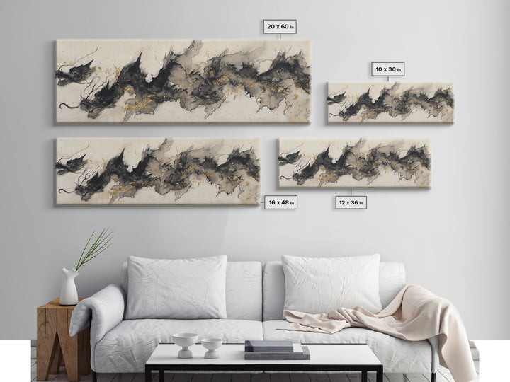 Ink Wash Dragon Curve Canvas Print, Calligraphy Art, Custom Art, Living Room Decor, Script, Neutral Decor, Modern Decor, CAL-3x1-49