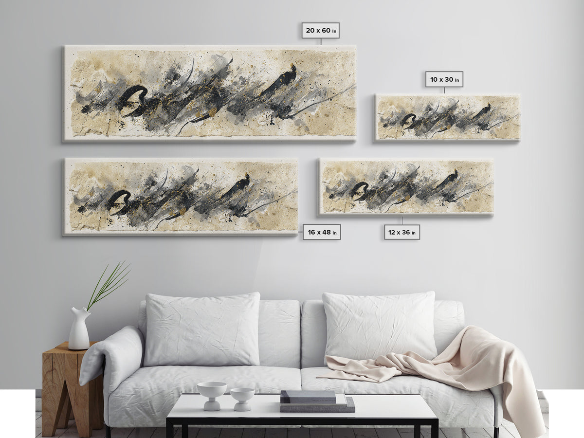 Monochrome Brush Alphabet Fragments as Abstract Texture Canvas Print, Calligraphy Art, Living Room Decor, Script, CAL-3x1-5