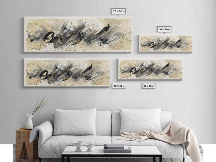 Monochrome Brush Alphabet Fragments as Abstract Texture Canvas Print, Calligraphy Art, Living Room Decor, Script, CAL-3x1-5