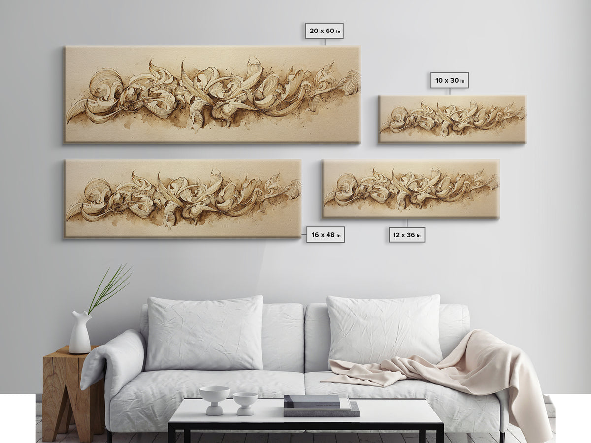 Baroque Scrollwork Made from Looping Pen Strokes Framed Canvas Print, Calligraphy Art, Room Decor, Living Room Decor, Script, CAL-3x1-52