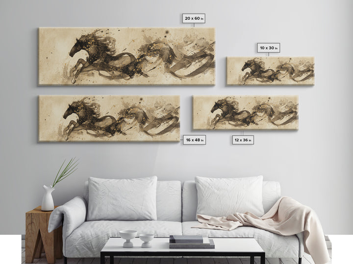 Calligraphic Horse Silhouette Made from One Line Framed Canvas Print, Calligraphy Art, Modern Art, Living Room Decor, Script, CAL-3x1-57