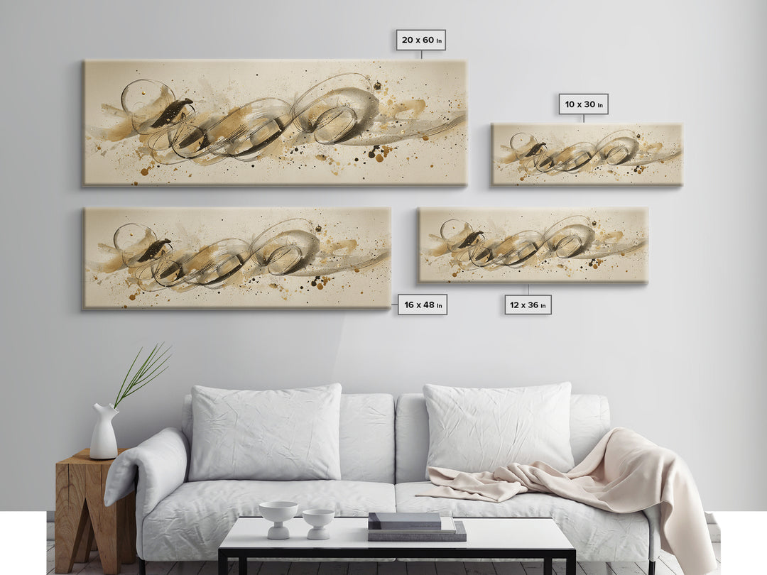 Abstract Gold Calligraphic Strokes on Ivory Paper Canvas Print, Calligraphy Art, Unique Wall Art, Living Room Decor, Script, CAL-3x1-66