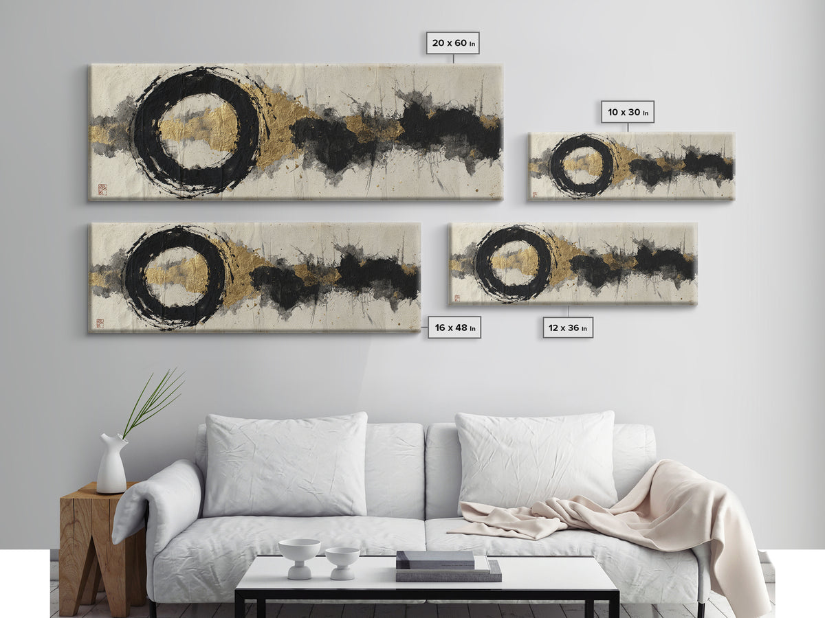 Japanese Brush Mark Circle Framed Canvas Print, Calligraphy Art, Contemporary Art, Living Room Decor, Fine Art, Script, CAL-3x1-68