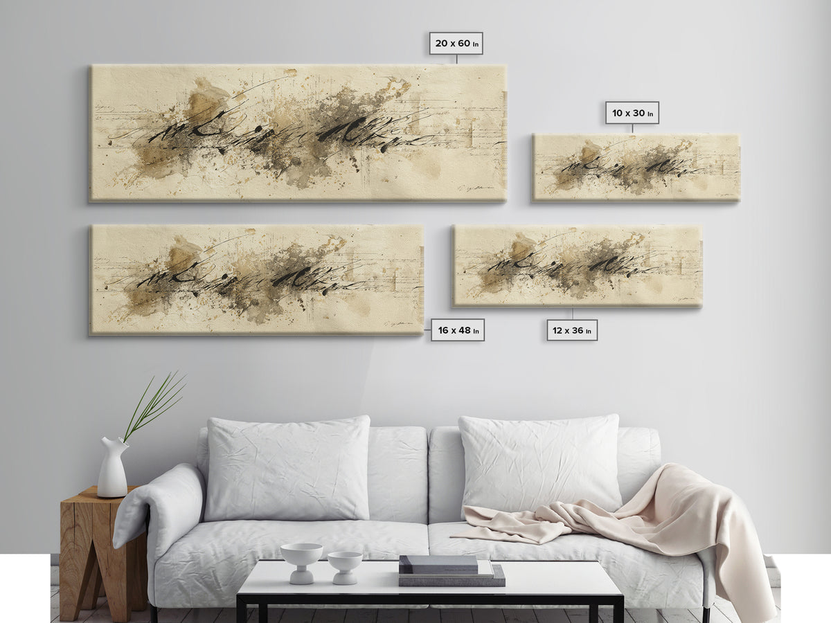 Romantic Handwritten Marks Without Readable Words Canvas Print, Calligraphy Art, Neutral Decor, Living Room Decor, Script, CAL-3x1-7