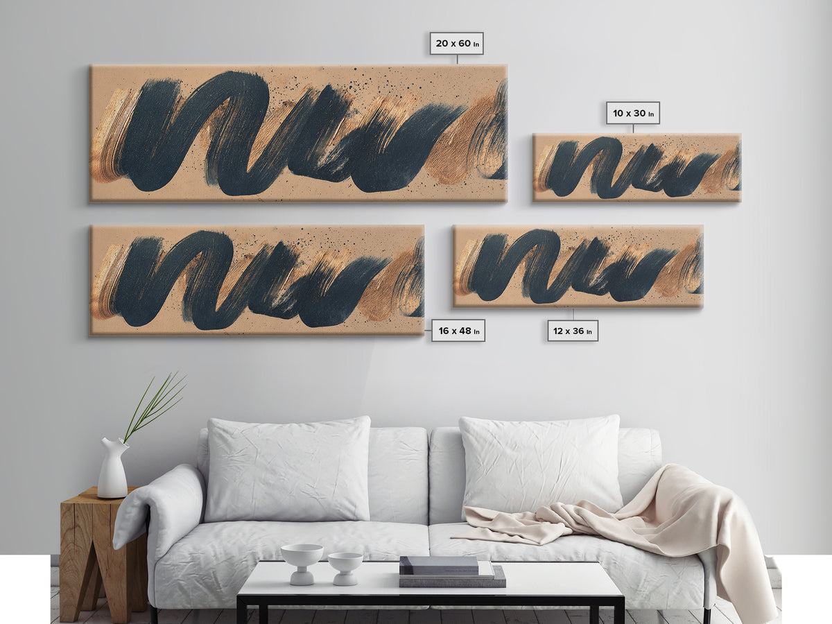 Layered Copper Ink Strokes on Dark Navy Canvas Print, Calligraphy Art, Art Print, Living Room Decor, Fine Art, Script, CAL-3x1-70