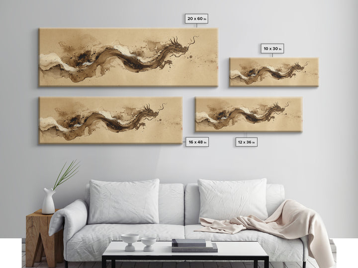 Ink Wash Dragon Curve Framed Canvas Print, Calligraphy Art, Digital Download Art, Living Room Decor, Fine Art, Script, CAL-3x1-73