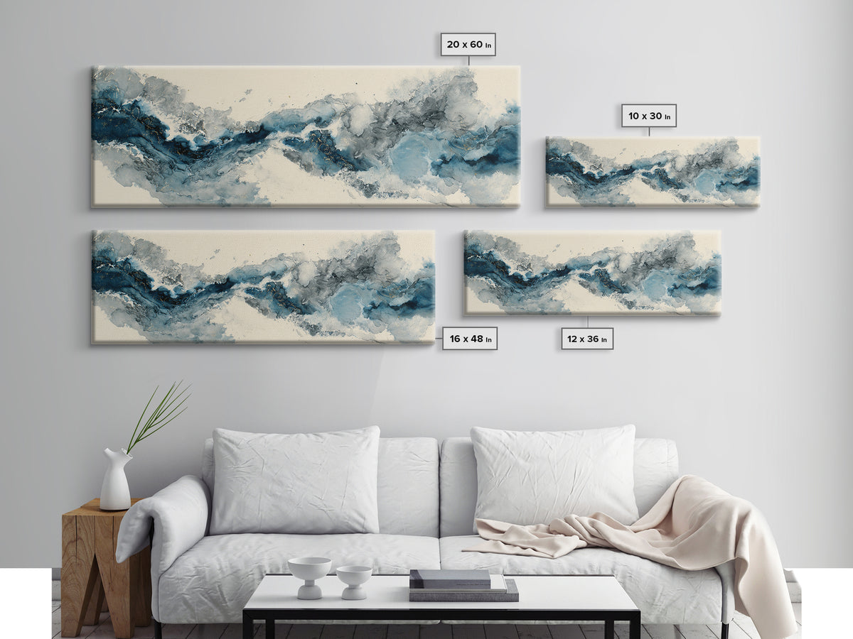 Modern Calligraphy Wave Framed Canvas Print, Calligraphy Art, Japanese Art, Living Room Decor, Fine Art, Script, Quote Wall Art, CAL-3x1-74