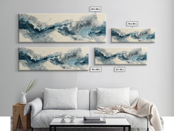 Modern Calligraphy Wave Framed Canvas Print, Calligraphy Art, Japanese Art, Living Room Decor, Fine Art, Script, Quote Wall Art, CAL-3x1-74