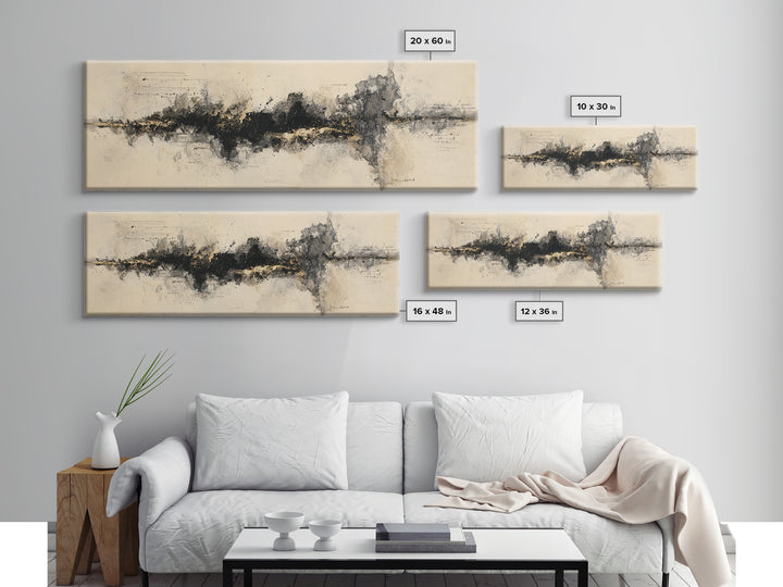 Monochrome Brush Alphabet Fragments as Abstract Texture Canvas Print, Calligraphy Art, Watercolor Art, Living Room Decor, CAL-3x1-77