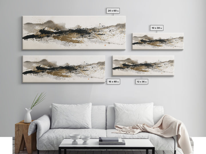 Ink Splatter and Long Brushstroke Composition Canvas Print, Calligraphy Art, Wall Art Printable, Living Room Decor, Script, CAL-3x1-8