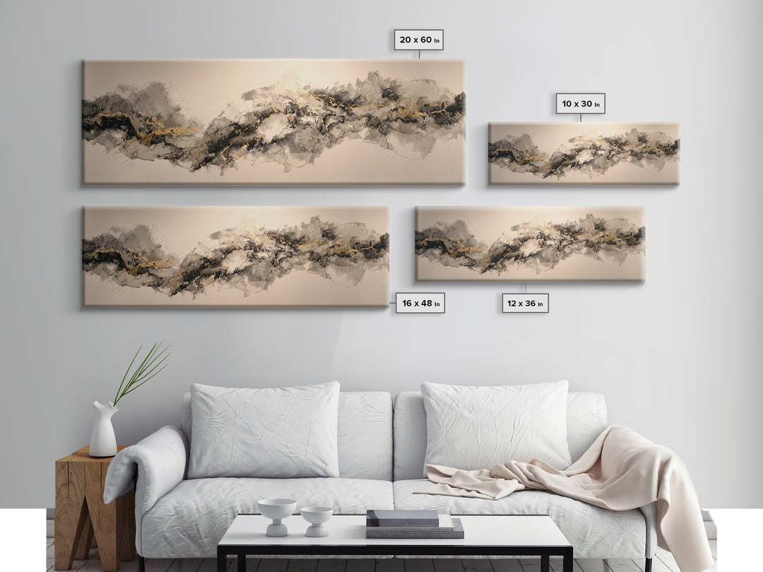 Ink Splatter and Long Brushstroke Composition Canvas Print, Calligraphy Art, Art, Living Room Decor, Fine Art, Script, CAL-3x1-80