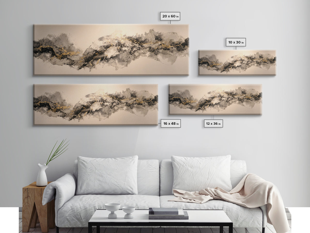 Ink Splatter and Long Brushstroke Composition Canvas Print, Calligraphy Art, Art, Living Room Decor, Fine Art, Script, CAL-3x1-80