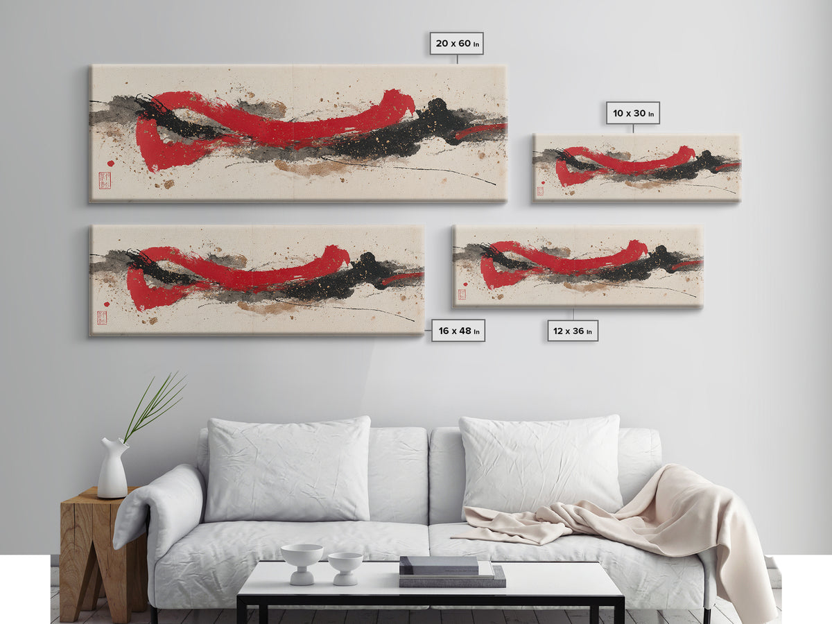 Bold Red Brushstroke Seal Abstraction Canvas Print, Calligraphy Art, Prints, Living Room Decor, Script, Bedroom Wall Decor, CAL-3x1-83
