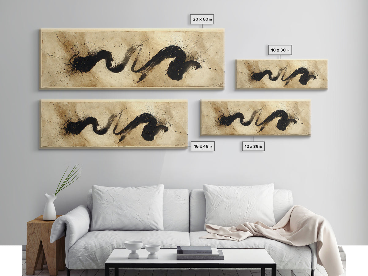 Large Sweeping Black Ink Gesture Like a Framed Canvas Print, Calligraphy Art, Quote Wall Art, Living Room Decor, Script, CAL-3x1-89