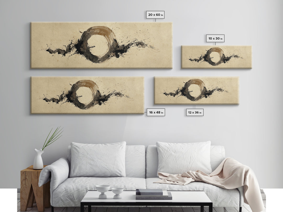 Japanese Brush Mark Circle Canvas Print, Calligraphy Art, Digital Prints, Living Room Decor, Script, Living Room Wall Art, CAL-3x1-92