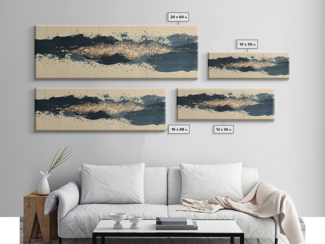 Layered Copper Ink Strokes on Dark Navy Canvas Print, Calligraphy Art, Living Room Wall Art, Living Room Decor, Script, CAL-3x1-94