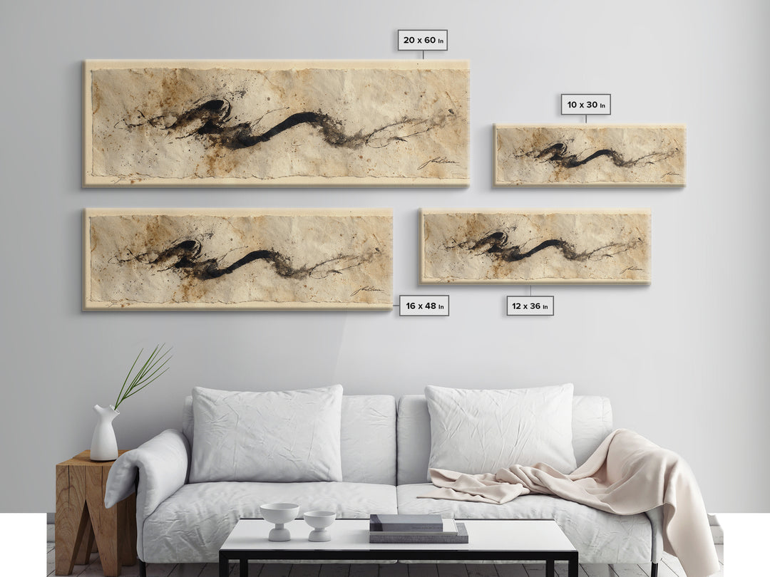 Minimal Black Calligraphy Rhythm Canvas Print, Calligraphy Art, Textured Painting, Living Room Decor, Fine Art, Script, CAL-3x1-95