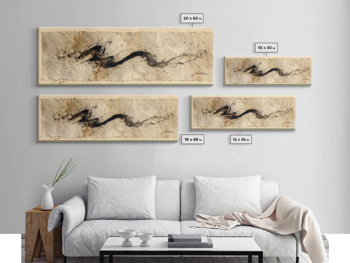 Minimal Black Calligraphy Rhythm Canvas Print, Calligraphy Art, Textured Painting, Living Room Decor, Fine Art, Script, CAL-3x1-95