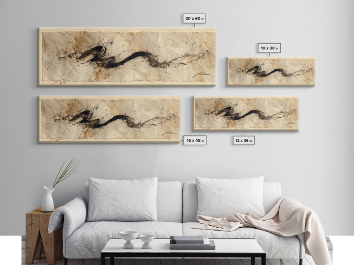 Minimal Black Calligraphy Rhythm Canvas Print, Calligraphy Art, Textured Painting, Living Room Decor, Fine Art, Script, CAL-3x1-95