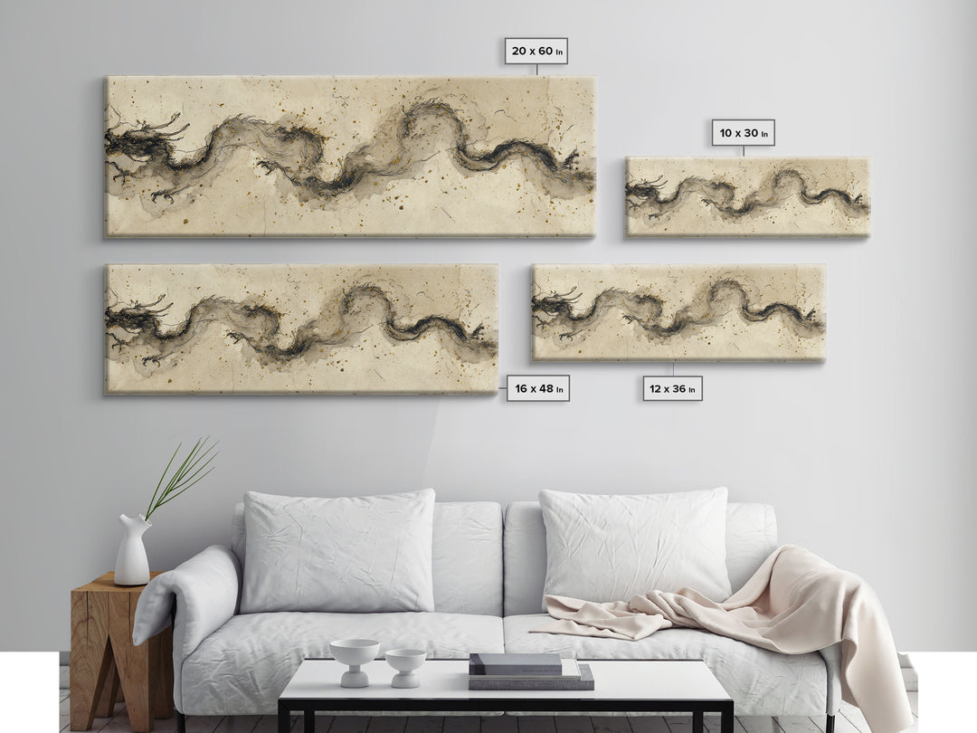 Ink Wash Dragon Curve Canvas Print, Calligraphy Art, Gallery Decor, Living Room Decor, Fine Art, Script, Contemporary Art, CAL-3x1-97