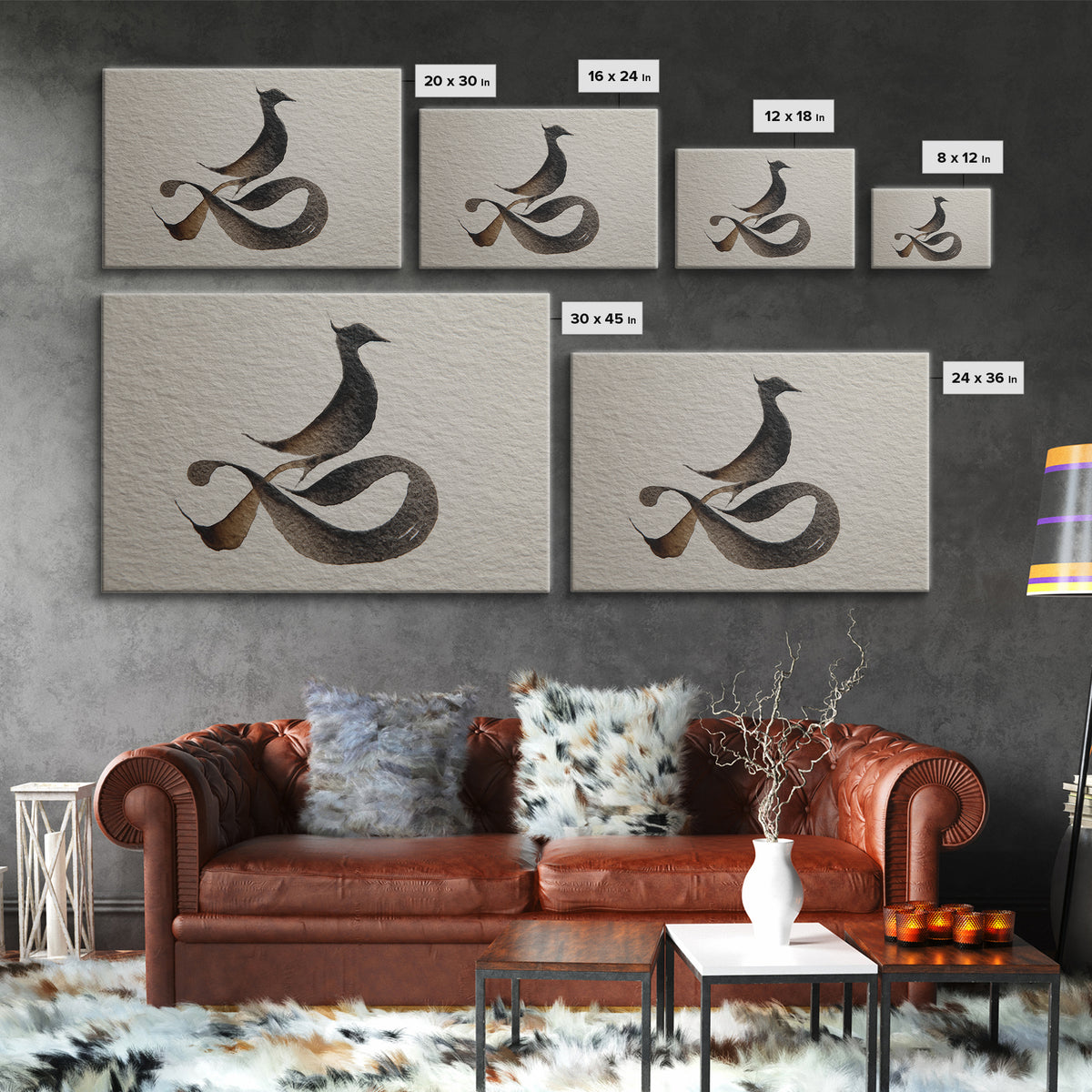 Calligraphic Bird Shape Formed from Flowing Lines Canvas Print, Calligraphy Art, Calligraphy, Living Room Decor, Script, CAL-3x2-12