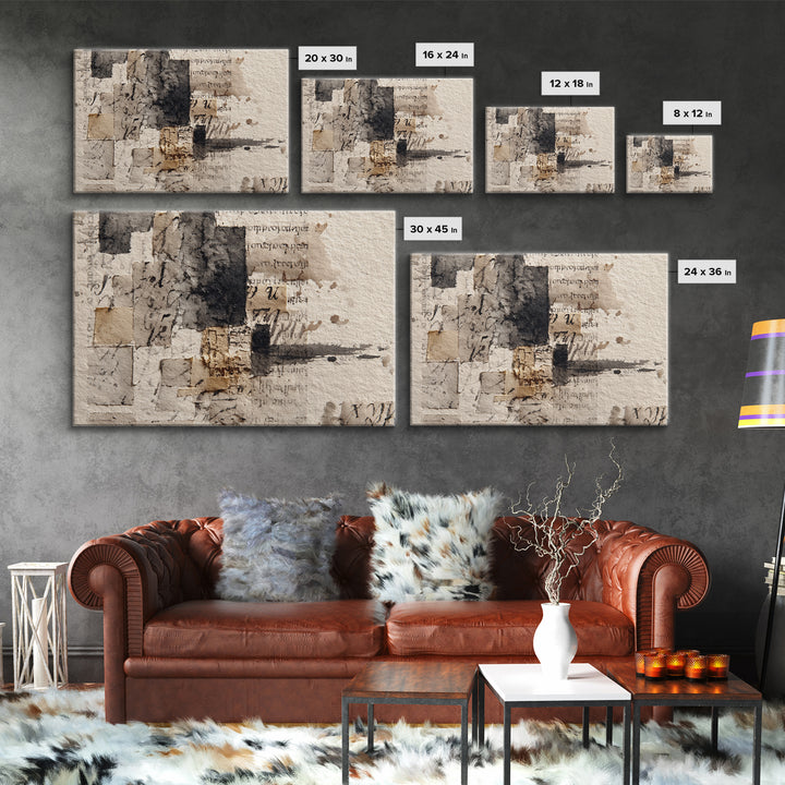 Monochrome Brush Alphabet Fragments as Abstract Texture Canvas Print, Calligraphy Art, Japanese Art, Living Room Decor, Script, CAL-3x2-17