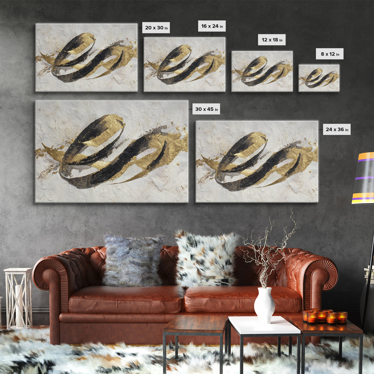 Gold Leaf Calligraphic Spiral on Plaster Surface Canvas Print, Calligraphy Art, Printable, Living Room Decor, Script, CAL-3x2-18