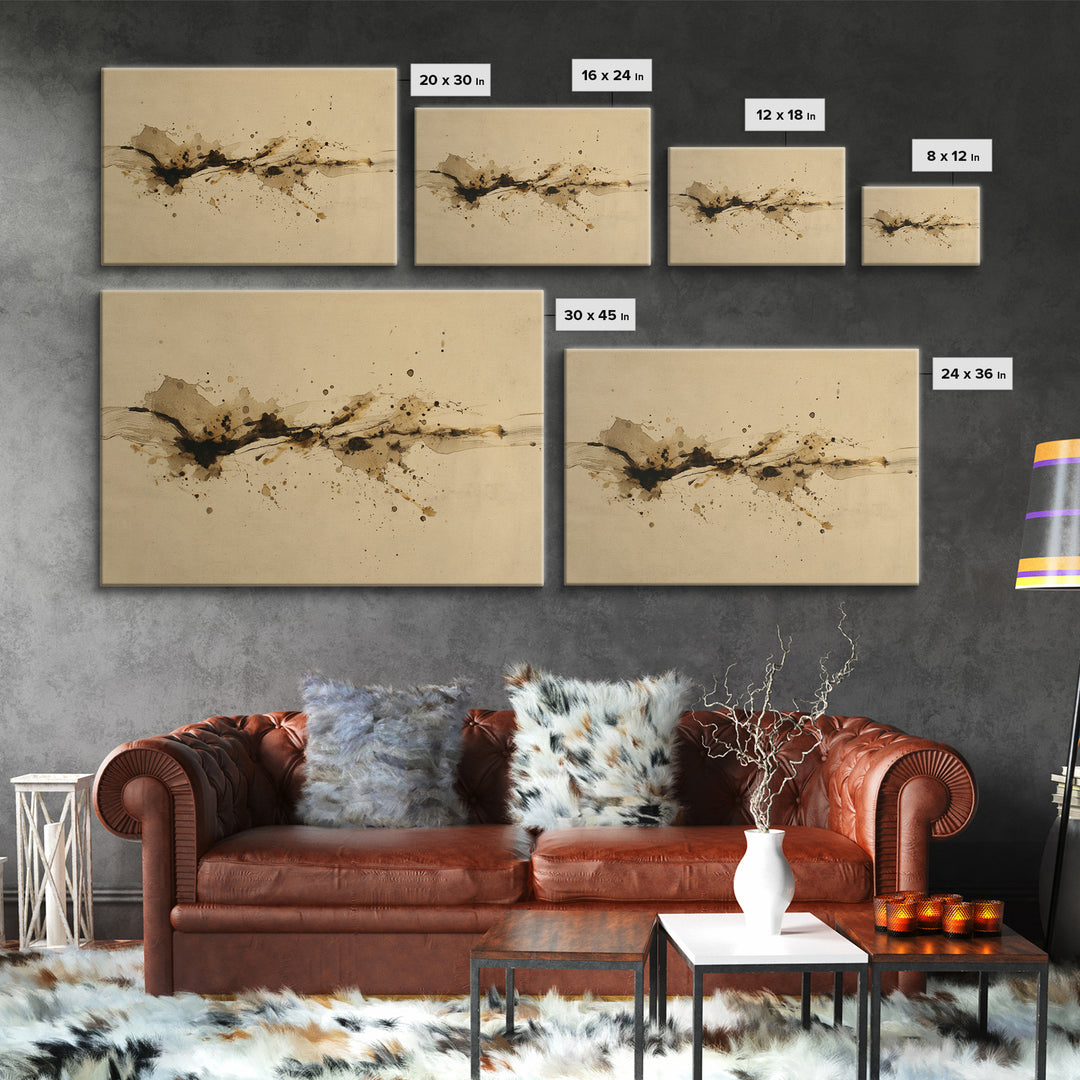 Ink Splatter and Long Brushstroke Composition Framed Canvas Print, Calligraphy Art, Unique Wall Art, Living Room Decor, Script, CAL-3x2-20