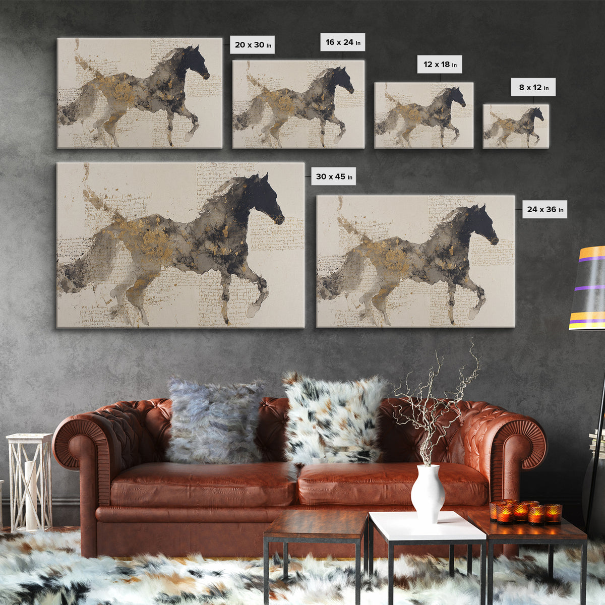 Calligraphic Horse Silhouette Made from One Line Canvas Print, Calligraphy Art, Living Room Wall Art, Living Room Decor, Script, CAL-3x2-21