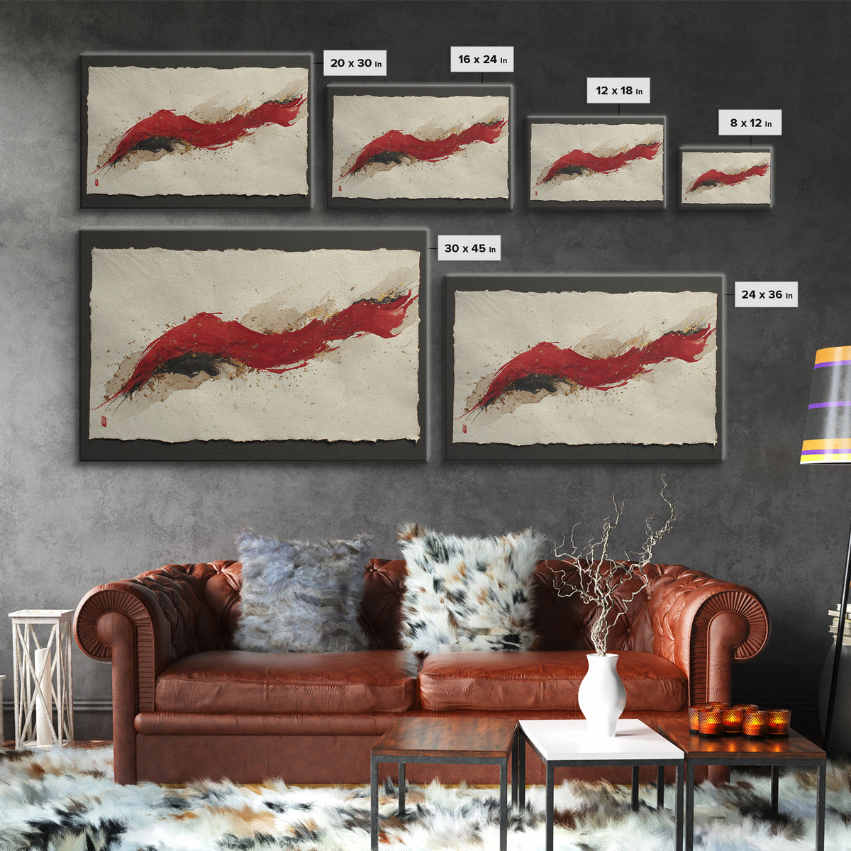 Bold Red Brushstroke Seal Abstraction Framed Canvas Print, Calligraphy Art, Japanese Art, Living Room Decor, Fine Art, Script, CAL-3x2-23