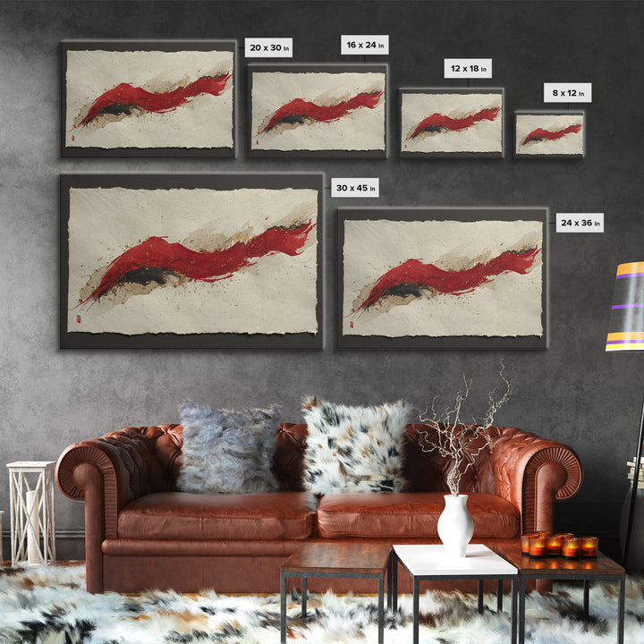 Bold Red Brushstroke Seal Abstraction Framed Canvas Print, Calligraphy Art, Japanese Art, Living Room Decor, Fine Art, Script, CAL-3x2-23
