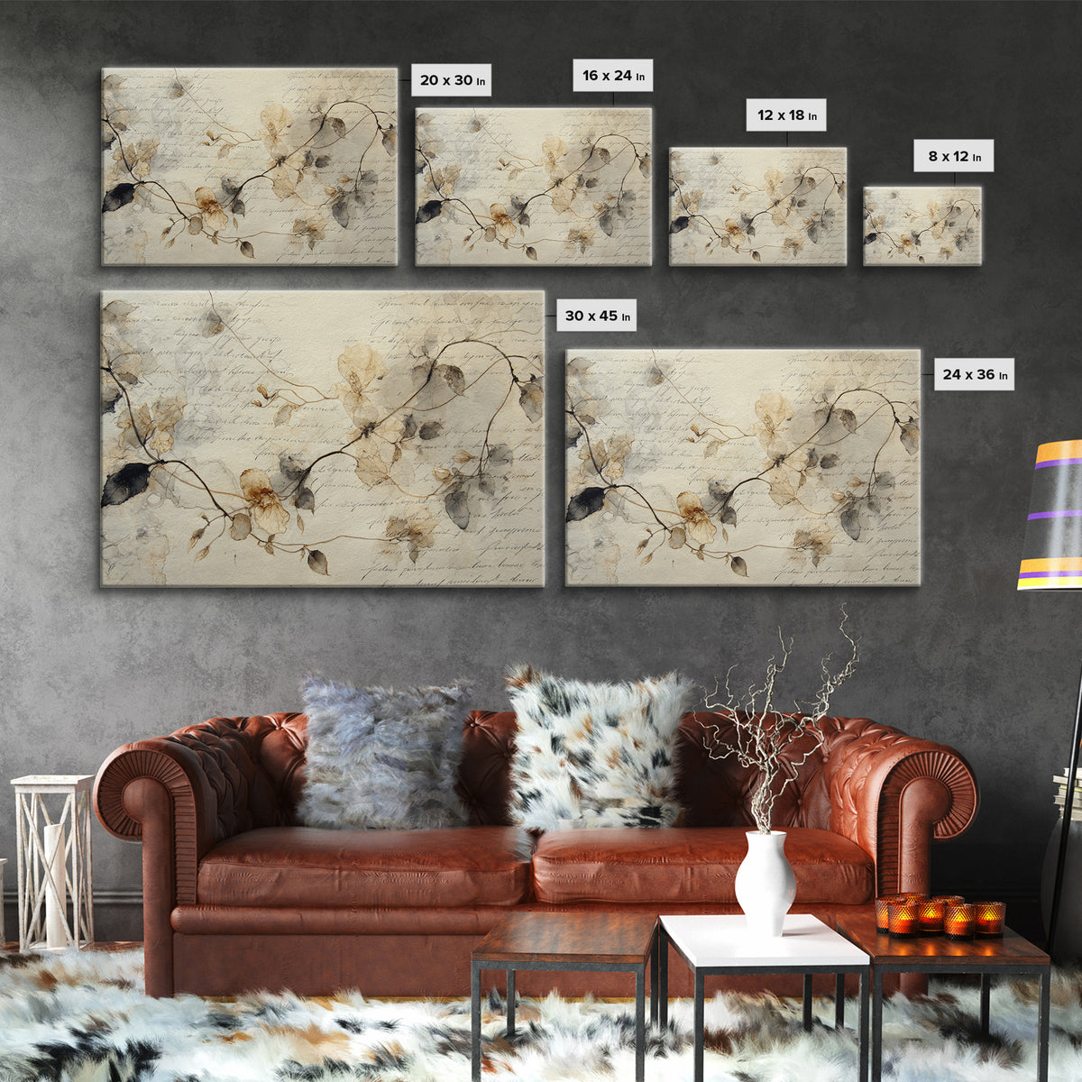 Floral Vine Created from Graceful Script Like Canvas Print, Calligraphy Art, Neutral Decor, Living Room Decor, Script, CAL-3x2-39