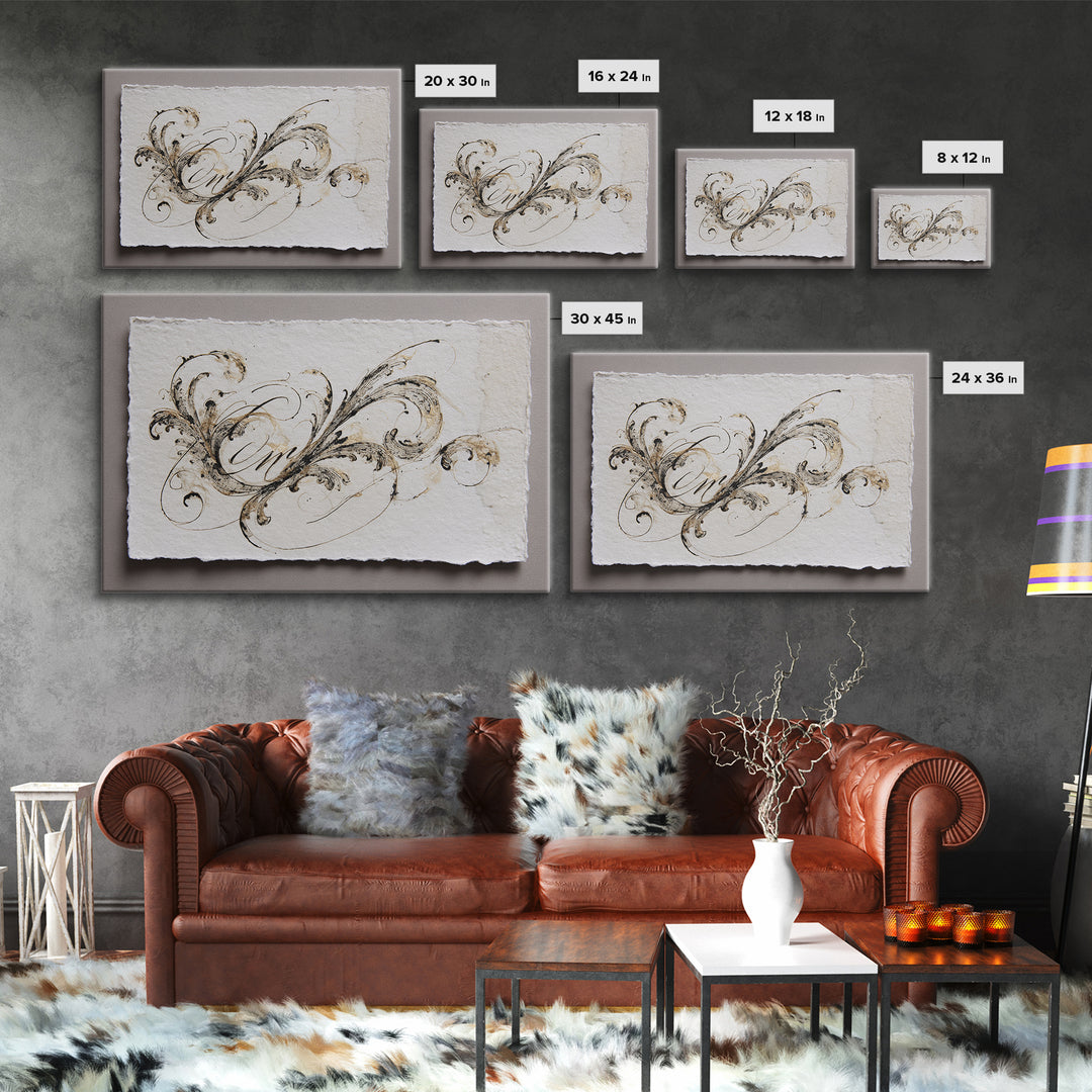 Baroque Scrollwork Made from Looping Pen Strokes Framed Canvas Print, Calligraphy Art, Custom Art, Living Room Decor, Script, CAL-3x2-40