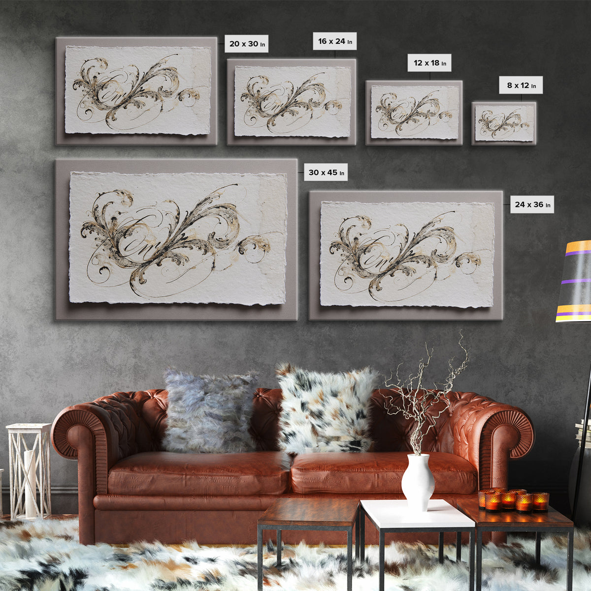 Baroque Scrollwork Made from Looping Pen Strokes Framed Canvas Print, Calligraphy Art, Custom Art, Living Room Decor, Script, CAL-3x2-40