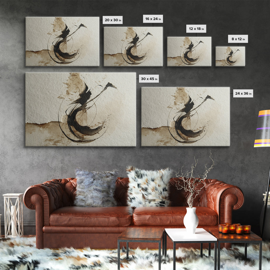 Large Sweeping Black Ink Gesture Like a Framed Canvas Print, Calligraphy Art, Custom Art, Living Room Decor, Fine Art, Script, CAL-3x2-5