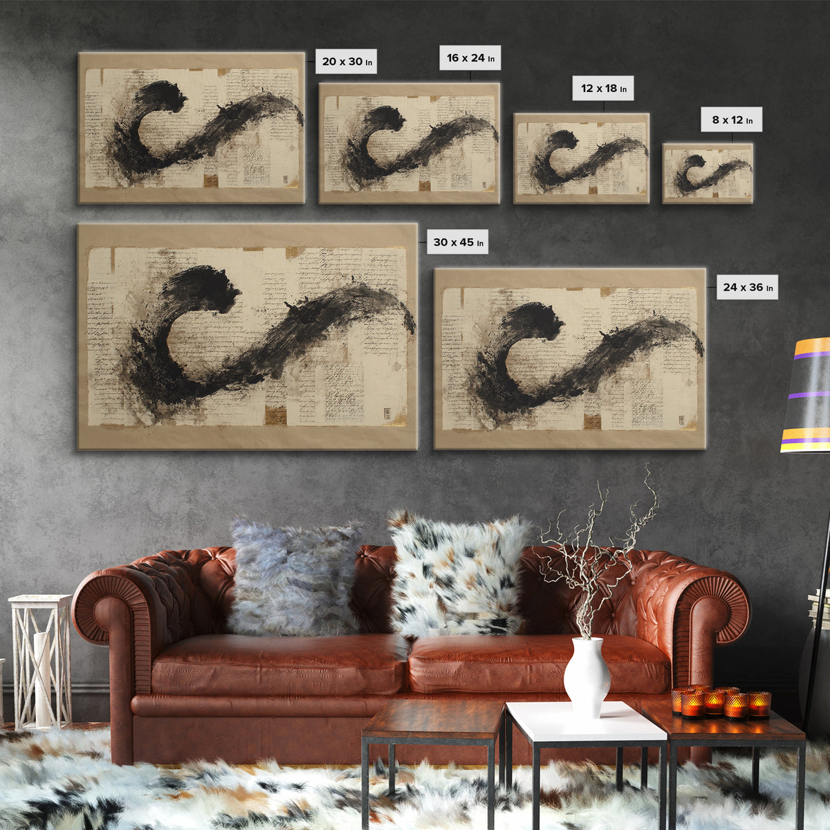 Large Sweeping Black Ink Gesture Like a Canvas Print, Calligraphy Art, Digital Download Art, Living Room Decor, Script, CAL-3x2-53