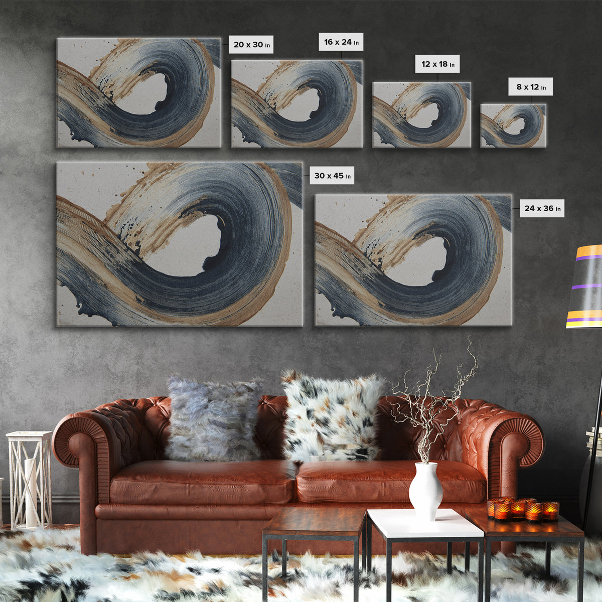 Layered Copper Ink Strokes on Dark Navy Canvas Print, Calligraphy Art, Living Room Wall Art, Living Room Decor, Script, CAL-3x2-58