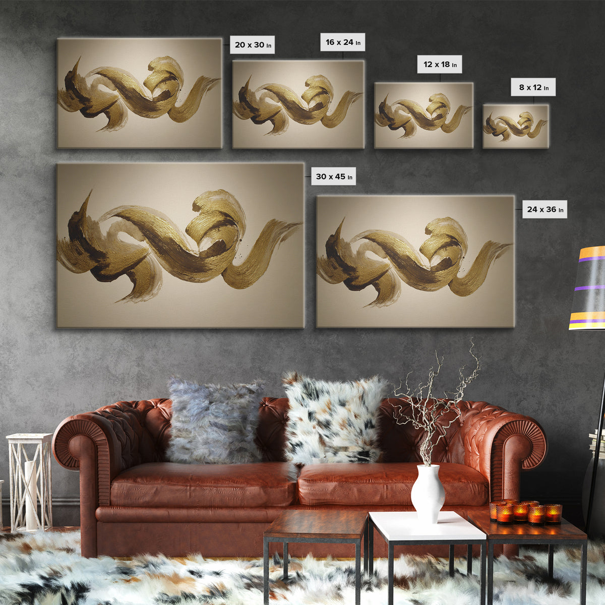 Abstract Gold Calligraphic Strokes on Ivory Paper Canvas Print, Calligraphy Art, Digital Print, Living Room Decor, Script, CAL-3x2-6