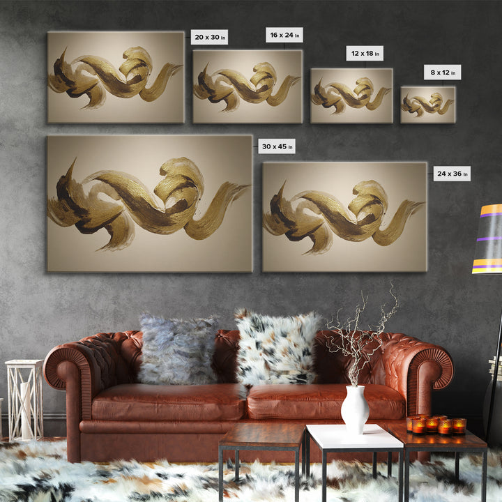 Abstract Gold Calligraphic Strokes on Ivory Paper Canvas Print, Calligraphy Art, Digital Print, Living Room Decor, Script, CAL-3x2-6