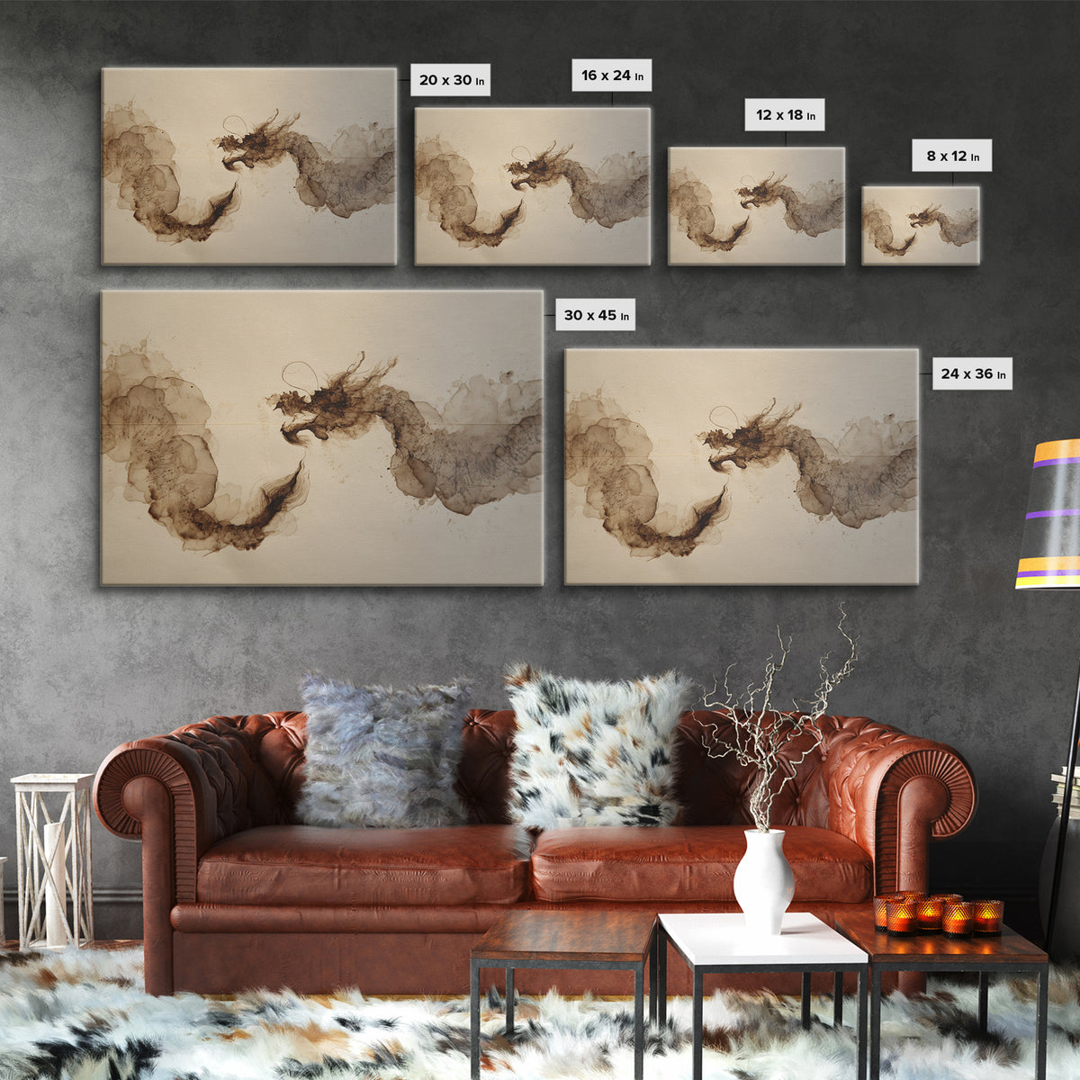 Ink Wash Dragon Curve Canvas Print, Calligraphy Art, Modern Art, Living Room Decor, Fine Art, Script, Fine Art Print, CAL-3x2-61