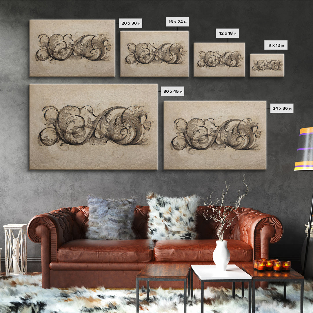 Baroque Scrollwork Made from Looping Pen Strokes Canvas Print, Calligraphy Art, Gallery Decor, Living Room Decor, Script, CAL-3x2-64