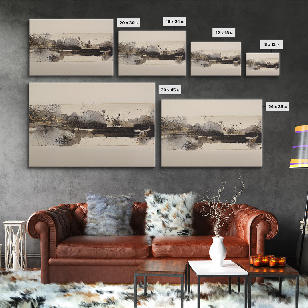 Ink Splatter and Long Brushstroke Composition Canvas Print, Calligraphy Art, Neutral Decor, Living Room Decor, Fine Art, Script, CAL-3x2-68