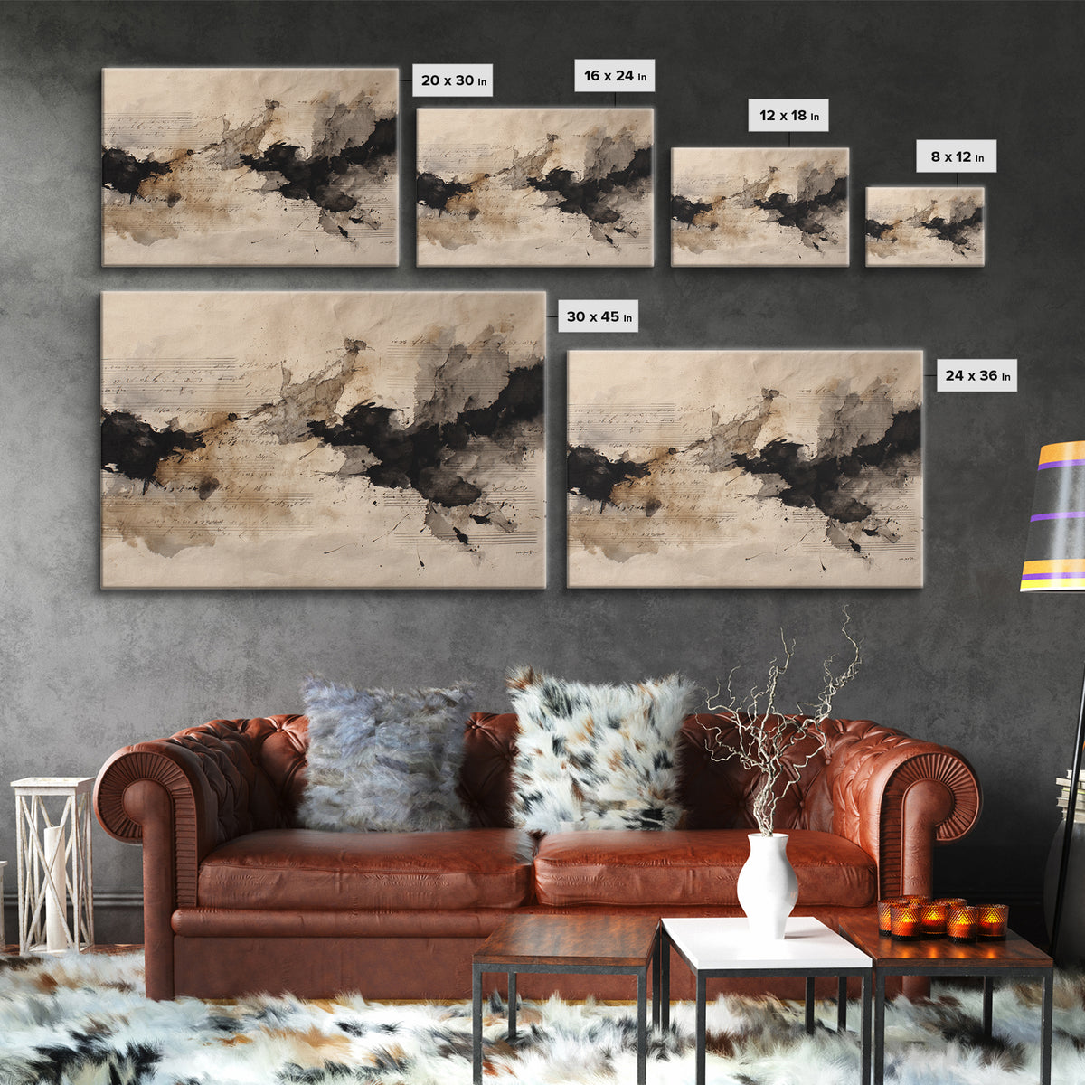 Expressive Musical Rhythm Painted as Ink Strokes Canvas Print, Calligraphy Art, Watercolor Print, Living Room Decor, Script, CAL-3x2-76