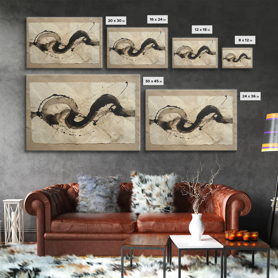 Large Sweeping Black Ink Gesture Like a Framed Canvas Print, Calligraphy Art, Gallery Decor, Living Room Decor, Script, CAL-3x2-77