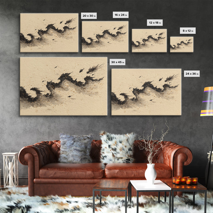 Ink Wash Dragon Curve Framed Canvas Print, Calligraphy Art, Gallery Wall Set, Living Room Decor, Fine Art, Script, CAL-3x2-85