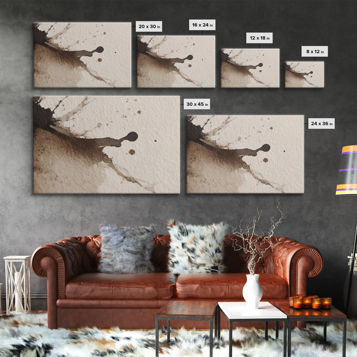 Ink Splatter and Long Brushstroke Composition Framed Canvas Print, Calligraphy Art, Luxury Decor, Living Room Decor, Script, CAL-3x2-92