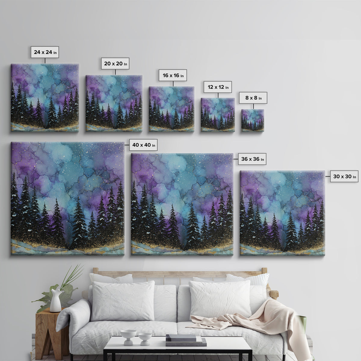 Aurora Borealis over Snowy Pines Framed Canvas Print, Celestial Art, Art Nouveau Decor, Living Room Decor, Fine Art, Celestial, CEL-1x1-41