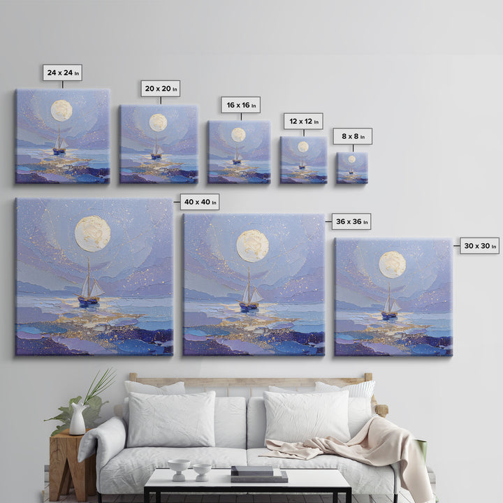 Tiny Sailboat Beneath a Huge Moon Framed Canvas Print, Celestial Art, Modern Art, Living Room Decor, Oil Painting, Celestial, CEL-1x1-43